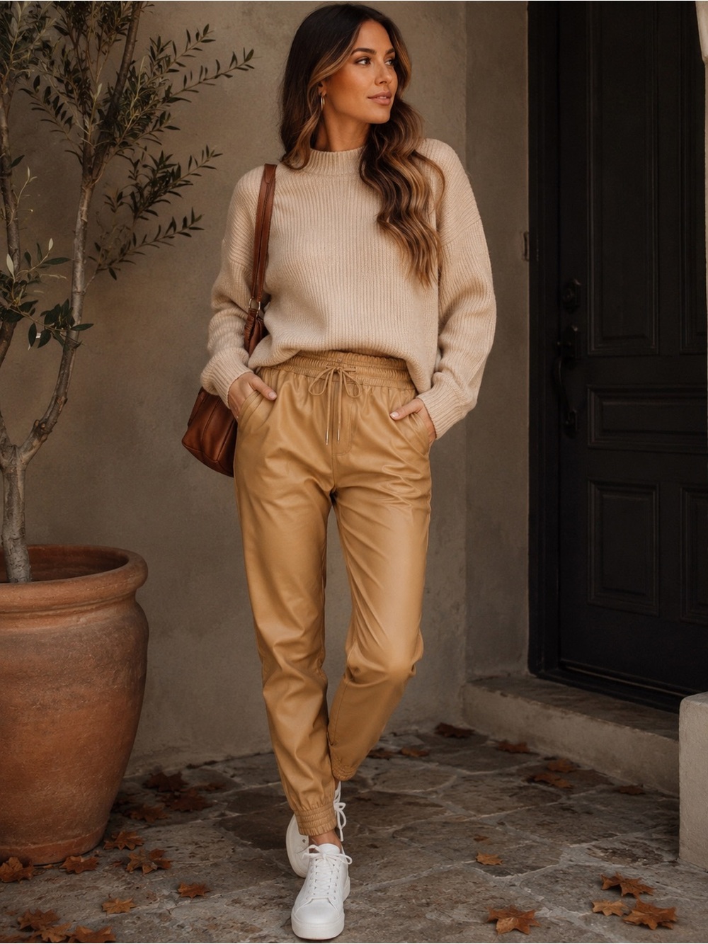 Stella Luce Camel Faux Leather Jogger Pants Medium Pull On Vegan Leather